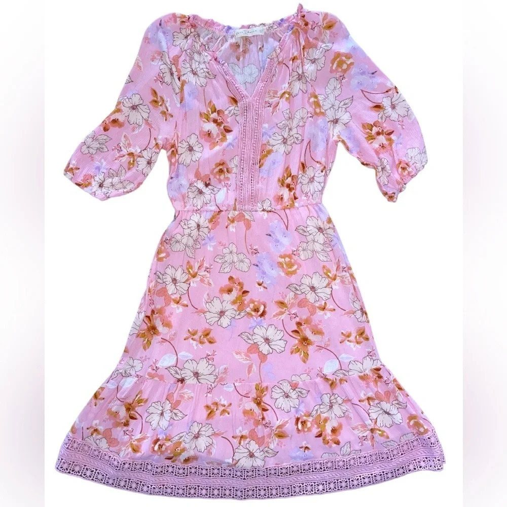Fair Haven Floral MIDI Dress Pink Size Medium Bohemian Summer Lined Crochet Trim